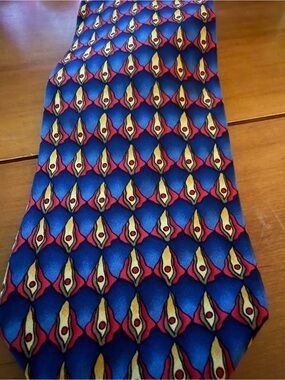 VTG J. Garcia Men's Blue Patterned Silk Tie with Red and Yellow Accent